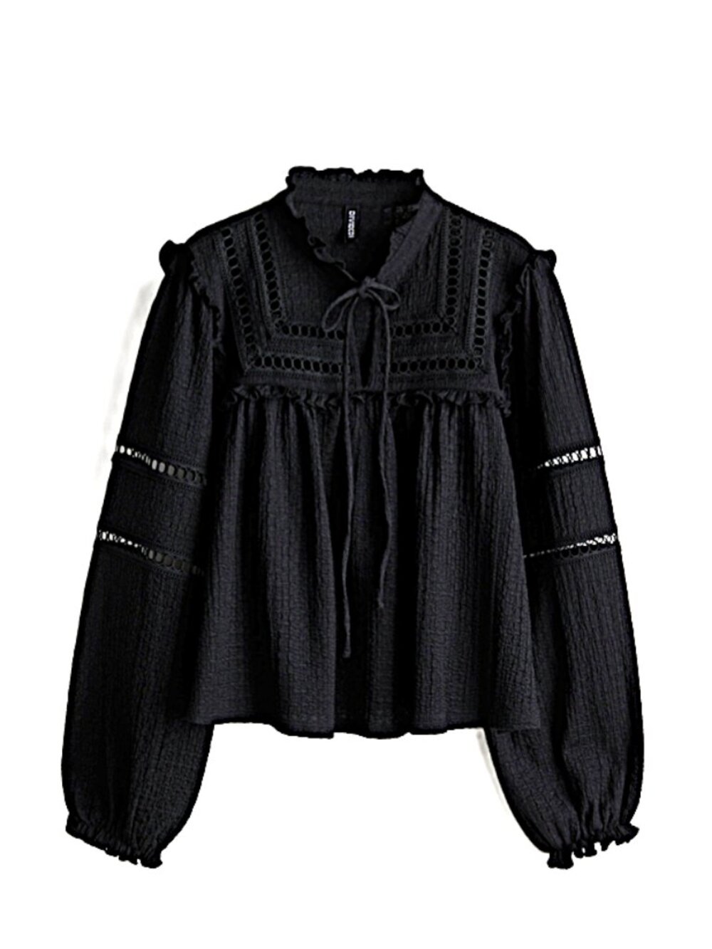 H&M Divided Black Eyelet Lace Ruffle Tie-Neck Blouse Boho Top S